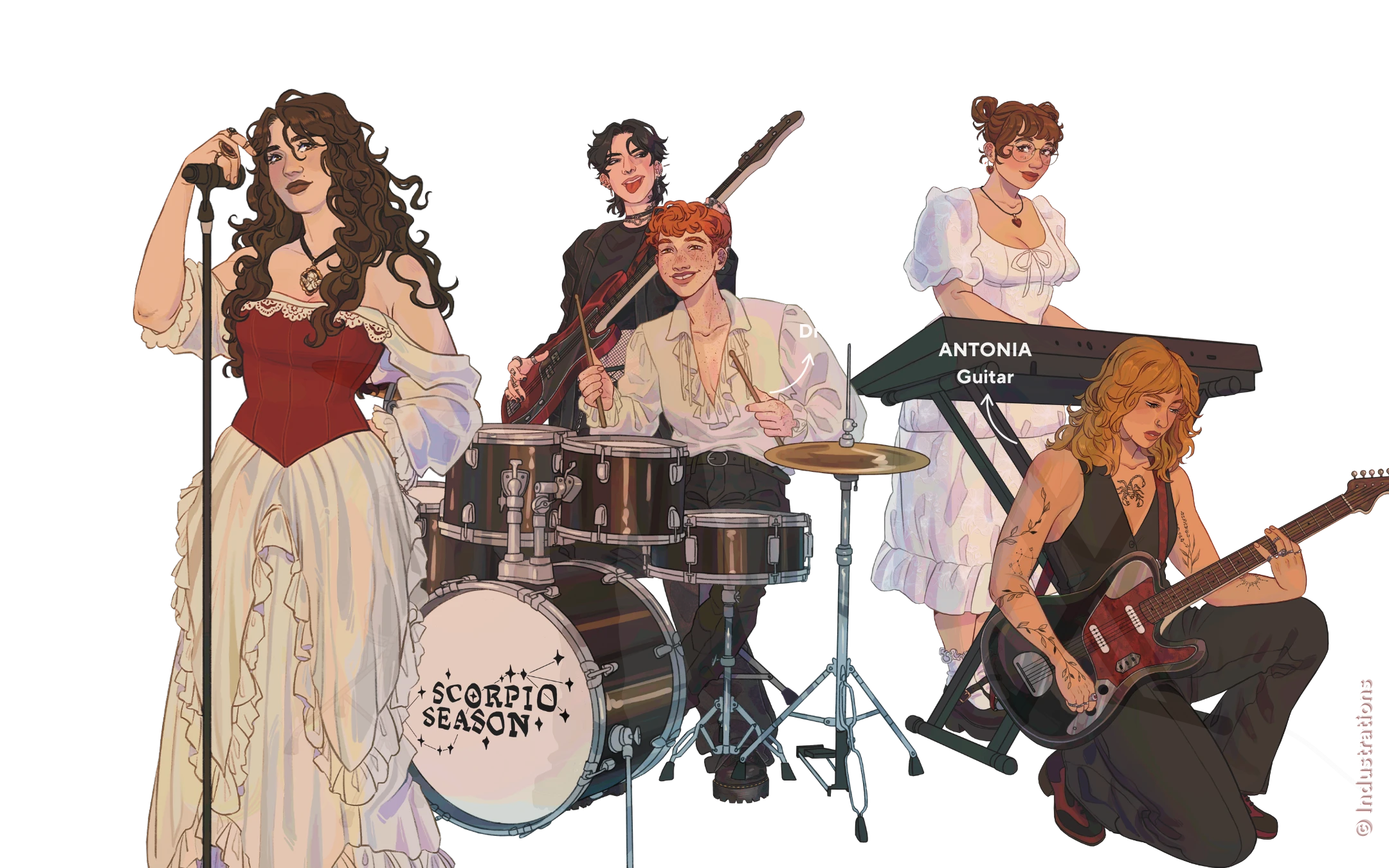 The band Scorpio Season: Florence on lead vocals, Izzy on bass, Luca on drums, Miray on keyboard, and Antonia on guitar